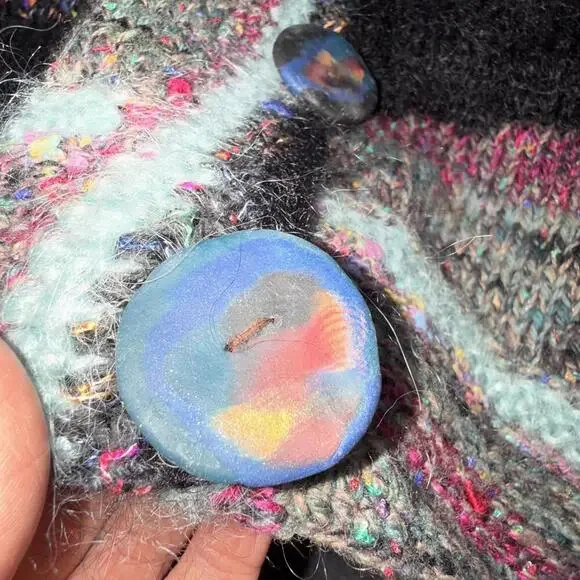 Anthropologie Rare Patchwork Hand Made Clay Button Striped Cardigan Free Size - Picture 13 of 15